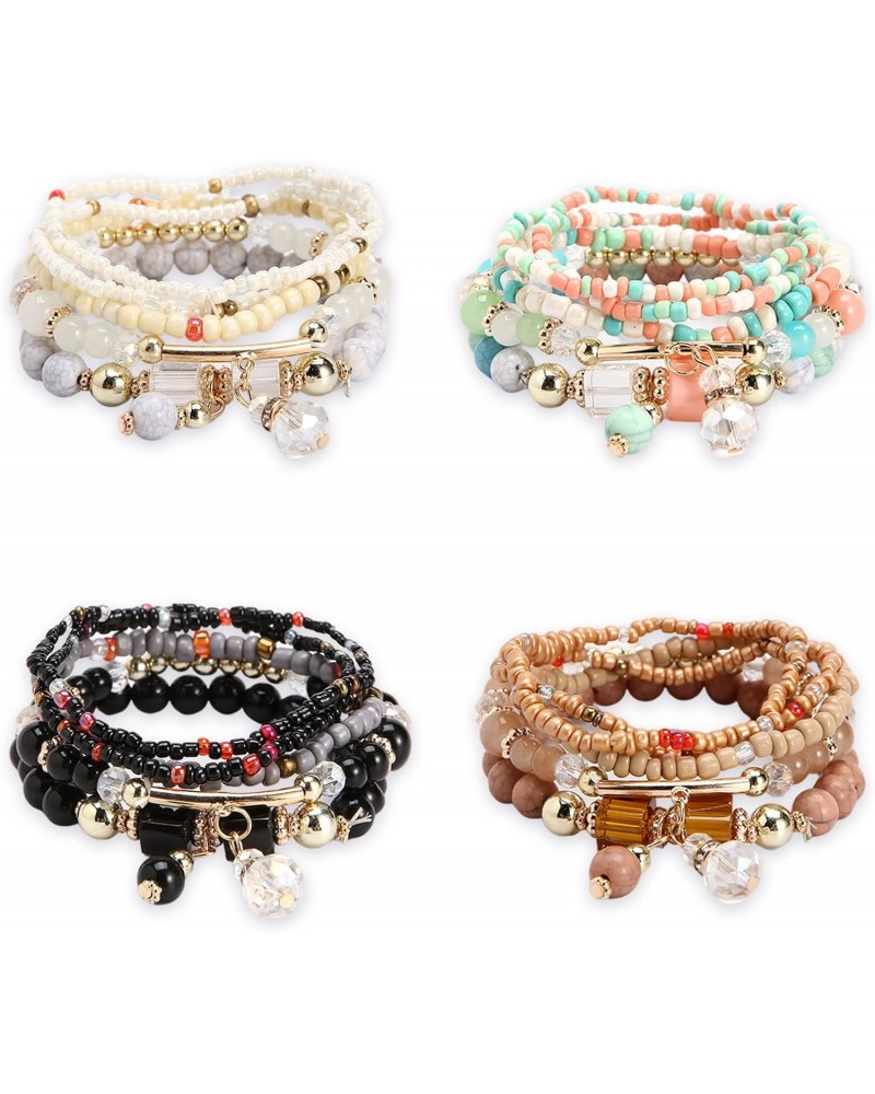 4 Sets Bohemian Stackable Bead Bracelets Multilayered Stretch Bracelet for Teen Girls Handmade Boho Bracelets for Women(4 Set...