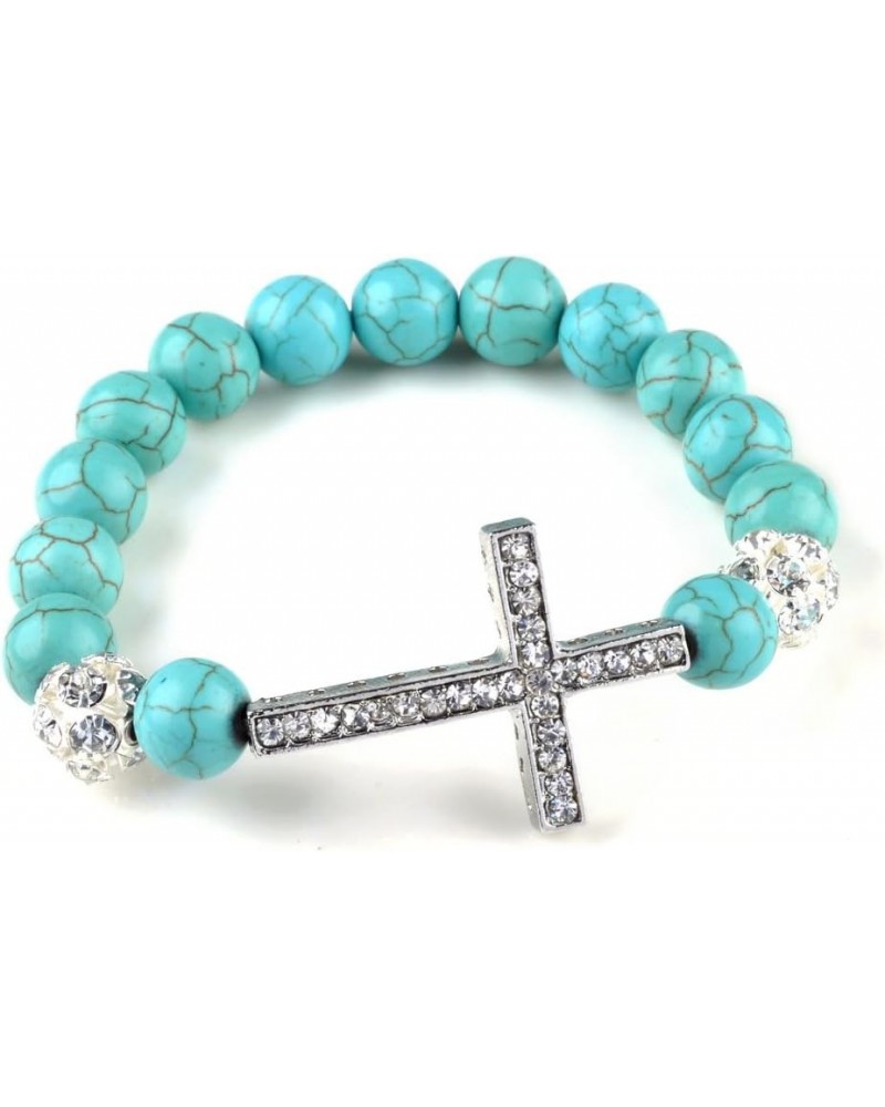 Unisex Created Turquoise Bead Bracelet, Holy Cross Pendant, Adjustable Bracelet, Healing Crystal Jewelry, Prayer, Meditation,...