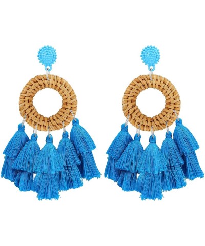 Rattan Tassel Earrings for Women Bohemian Statement Handmade Woven Drop Dangle Earrings B:Blue-Round $8.84 Earrings