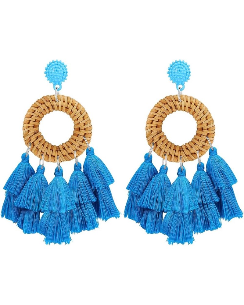 Rattan Tassel Earrings for Women Bohemian Statement Handmade Woven Drop Dangle Earrings B:Blue-Round $8.84 Earrings