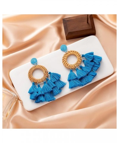 Rattan Tassel Earrings for Women Bohemian Statement Handmade Woven Drop Dangle Earrings B:Blue-Round $8.84 Earrings