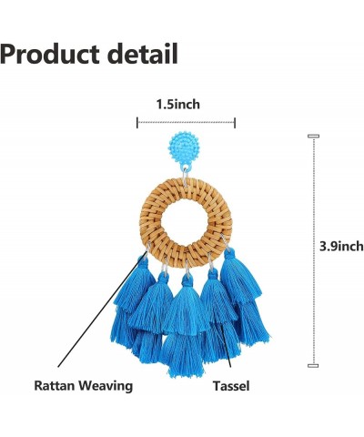 Rattan Tassel Earrings for Women Bohemian Statement Handmade Woven Drop Dangle Earrings B:Blue-Round $8.84 Earrings