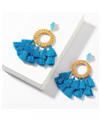 Rattan Tassel Earrings for Women Bohemian Statement Handmade Woven Drop Dangle Earrings B:Blue-Round $8.84 Earrings