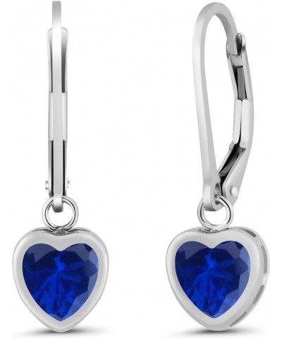 925 Sterling Silver Blue Created Sapphire Leverback Earrings For Women | 2.14 Cttw | Gemstone September Birthstone | 6MM Hear...