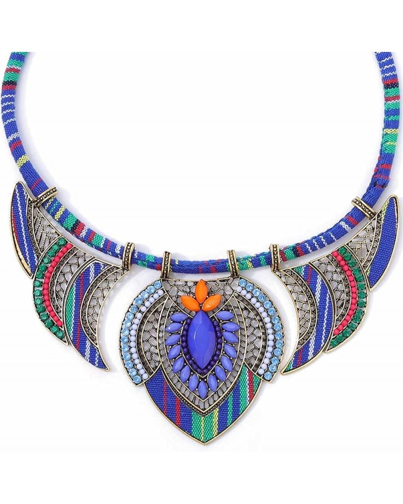 Ethnic Chunky Choker Necklace Blue Bib Collar Necklaces Fetival Tribal Beaded Statement Necklace African Egypt Costume Jewelr...