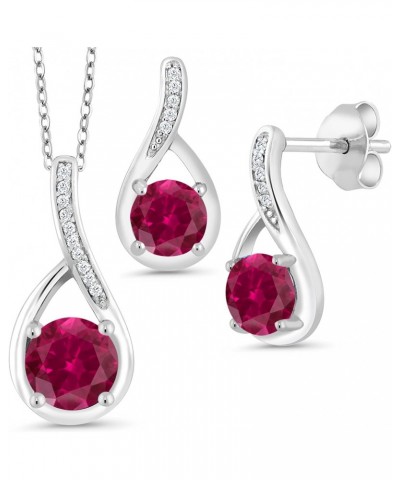 925 Sterling Silver Red Created Ruby and Diamond Pendant and Earrings Jewelry Set For Women (2.34 Cttw, with 18 Inch Chain) $...