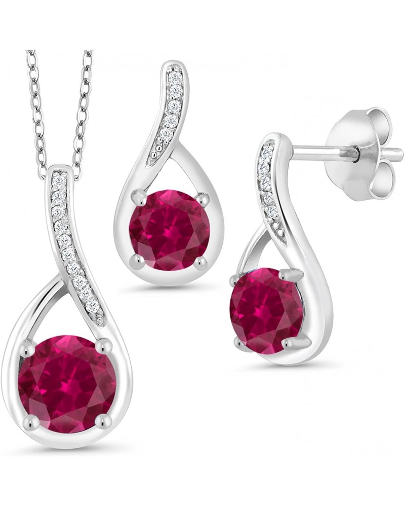 925 Sterling Silver Red Created Ruby and Diamond Pendant and Earrings Jewelry Set For Women (2.34 Cttw, with 18 Inch Chain) $...