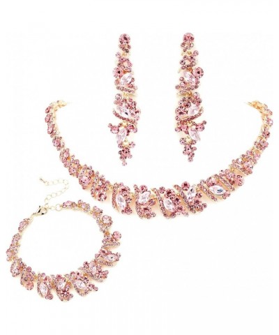 Women Pink Austrian Crystal Rhinestone Necklace Earrings Bracelet Jewelry Set Rose Gold for Prom Pink $23.59 Jewelry Sets