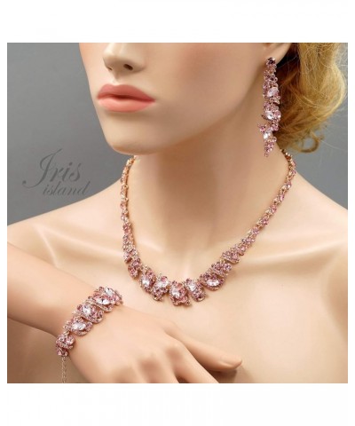 Women Pink Austrian Crystal Rhinestone Necklace Earrings Bracelet Jewelry Set Rose Gold for Prom Pink $23.59 Jewelry Sets