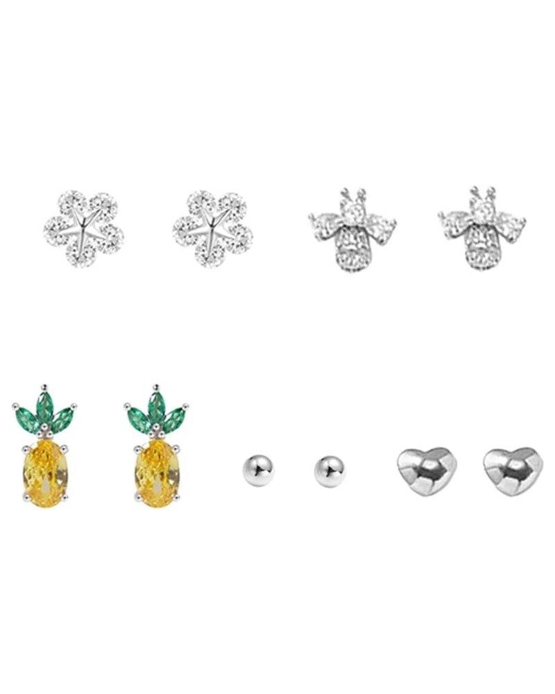 5 Pairs CZ Blossom Flower Stud Earrings Set for Women Girls 925 Sterling Silver Post Pin Cherry Flowers Cute Bee Animal Pinea...