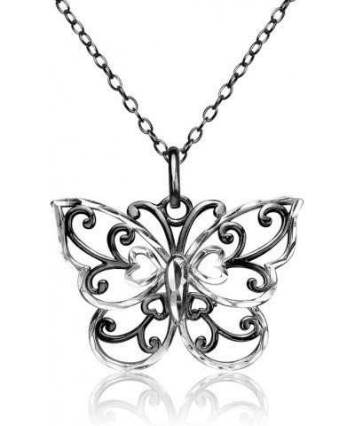 925 Sterling Silver Two-Tone Diamond-cut Filigree Butterfly Pendant Necklace, Silver, Yellow Gold & Rose Gold Black Flashed $...