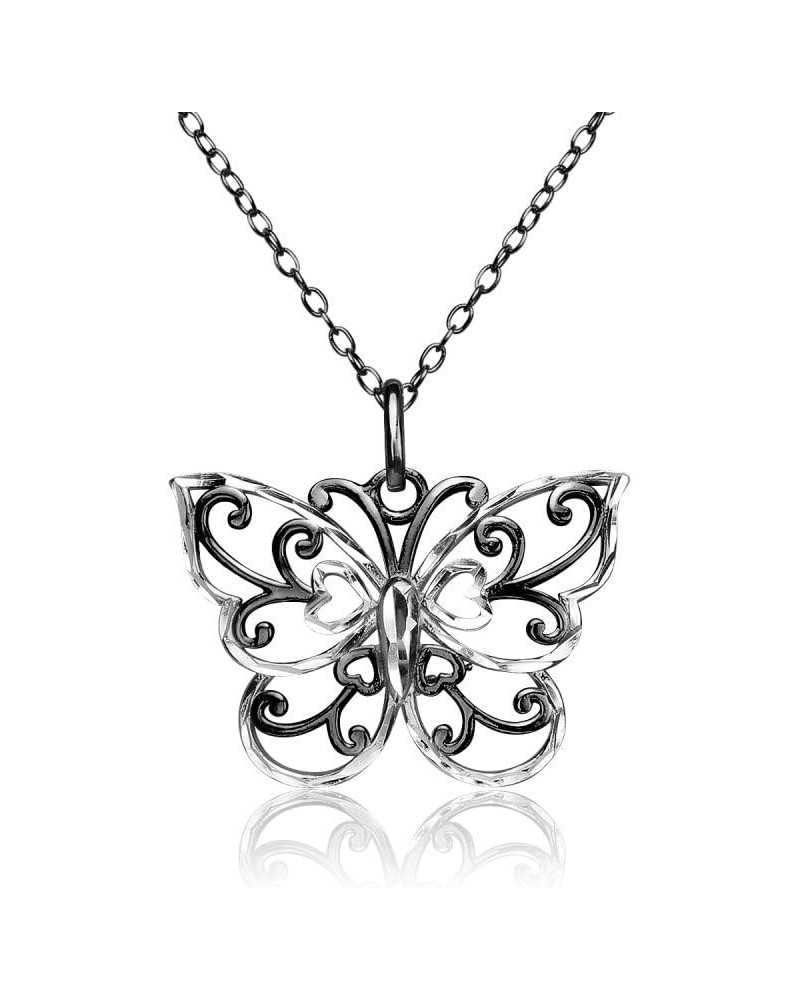 925 Sterling Silver Two-Tone Diamond-cut Filigree Butterfly Pendant Necklace, Silver, Yellow Gold & Rose Gold Black Flashed $...