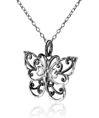 925 Sterling Silver Two-Tone Diamond-cut Filigree Butterfly Pendant Necklace, Silver, Yellow Gold & Rose Gold Black Flashed $...