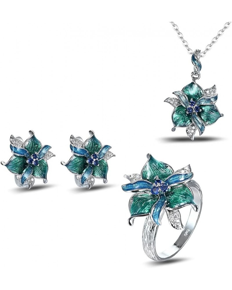 925 Sterling Silver Plated Green Leaves Flower Bridal Jewelry Colorful Enamel Jewelry Set CZ Simulated Diamond Sapphire Party...