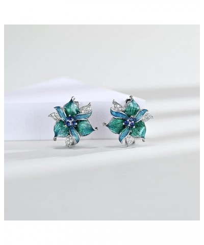 925 Sterling Silver Plated Green Leaves Flower Bridal Jewelry Colorful Enamel Jewelry Set CZ Simulated Diamond Sapphire Party...