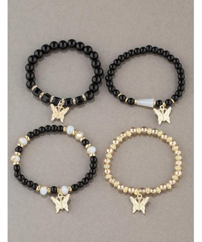 4Pcs Set Bohemian Butterfly Crystal Stone Stretch Pendant Bracelets for Women Girls Gold Beaded Stackable Stretch Bracelet Co...