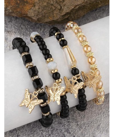 4Pcs Set Bohemian Butterfly Crystal Stone Stretch Pendant Bracelets for Women Girls Gold Beaded Stackable Stretch Bracelet Co...