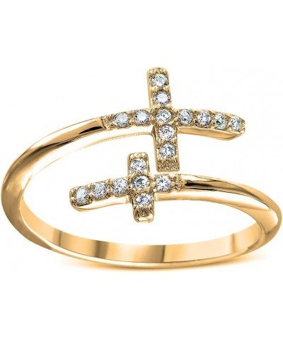 18K Yellow Gold Plated Round Cut Cubic Zirconia Double Sideways Cross Band Ring Women's Girl's Religious Ring $10.19 Rings