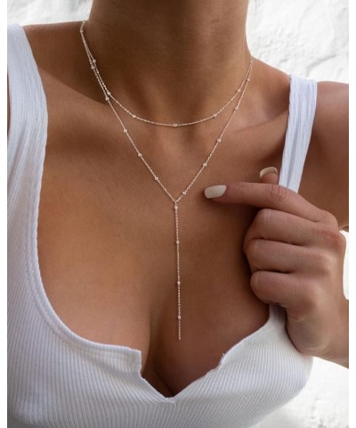 Lariat Gold Necklace for Women, Dainty Long Necklace 14k Gold Plated/Silver Y-Shaped Pendant Necklace Trendy Layered Cz Beade...