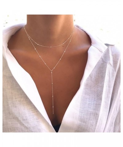 Lariat Gold Necklace for Women, Dainty Long Necklace 14k Gold Plated/Silver Y-Shaped Pendant Necklace Trendy Layered Cz Beade...