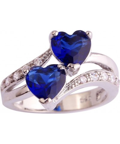 Vintage 925 Sterling Silver Plated Halo CZ Double Heart Created Blue&White Topaz Love Wedding Promise Ring Dark Blue US6 $3.8...