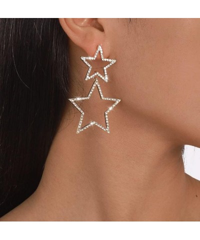 Rhinestone Star Earrings for Women Silver Sparkle Star Drop Earrings Lightweight Crystal Double Hollow Star Dangle Earrings F...