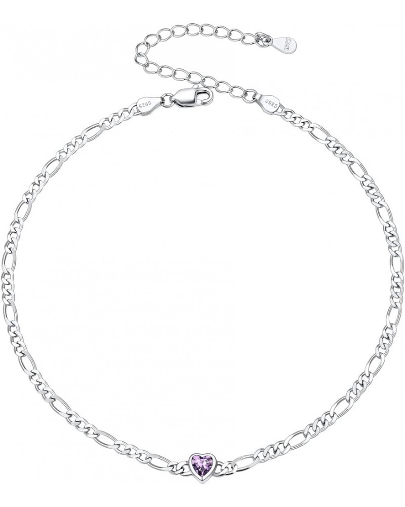 Figaro Anklets for Women, Sterling Silver Diamond Cut 3mm Link Chain Ankle Bracelet with Heart/Round Birthstone, Length 8.5"-...