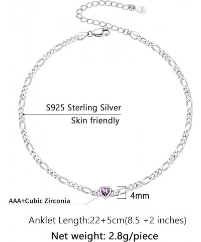 Figaro Anklets for Women, Sterling Silver Diamond Cut 3mm Link Chain Ankle Bracelet with Heart/Round Birthstone, Length 8.5"-...