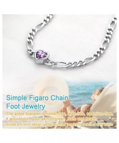 Figaro Anklets for Women, Sterling Silver Diamond Cut 3mm Link Chain Ankle Bracelet with Heart/Round Birthstone, Length 8.5"-...