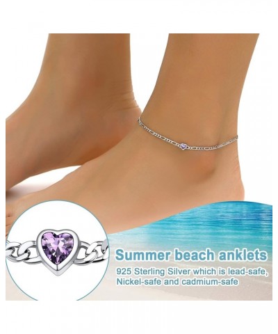 Figaro Anklets for Women, Sterling Silver Diamond Cut 3mm Link Chain Ankle Bracelet with Heart/Round Birthstone, Length 8.5"-...