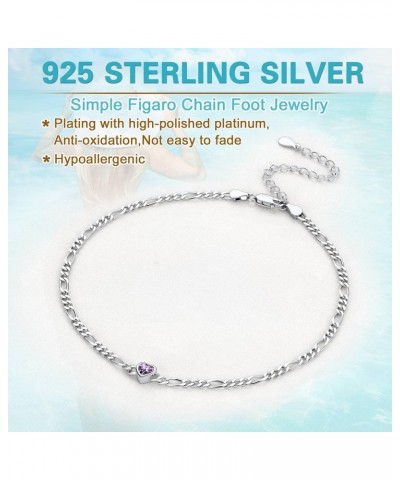 Figaro Anklets for Women, Sterling Silver Diamond Cut 3mm Link Chain Ankle Bracelet with Heart/Round Birthstone, Length 8.5"-...