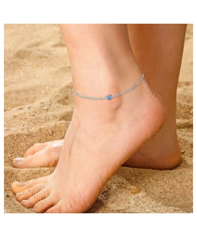 Figaro Anklets for Women, Sterling Silver Diamond Cut 3mm Link Chain Ankle Bracelet with Heart/Round Birthstone, Length 8.5"-...