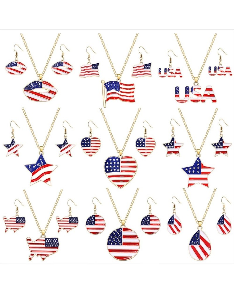 4th of July American Flag Necklace Earrings for Women Enamel Patriotic Heart Star Pendant Necklace Independence Day Drop Dang...