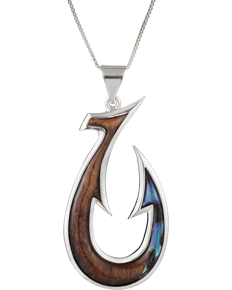 925 Sterling Silver Koa Wood and Abalone Shell Hawaiian Mauka to Makai Fish Hook Necklace Pendant with 18" Box Chain, Nickel ...