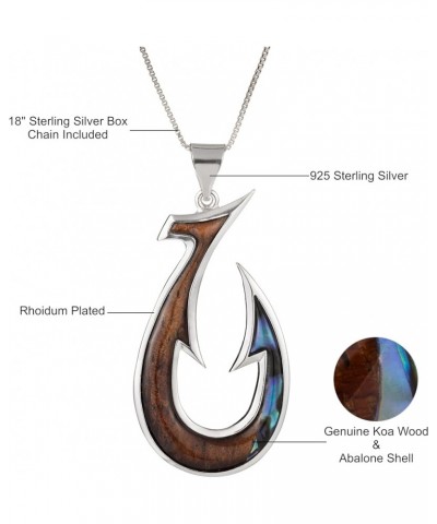 925 Sterling Silver Koa Wood and Abalone Shell Hawaiian Mauka to Makai Fish Hook Necklace Pendant with 18" Box Chain, Nickel ...