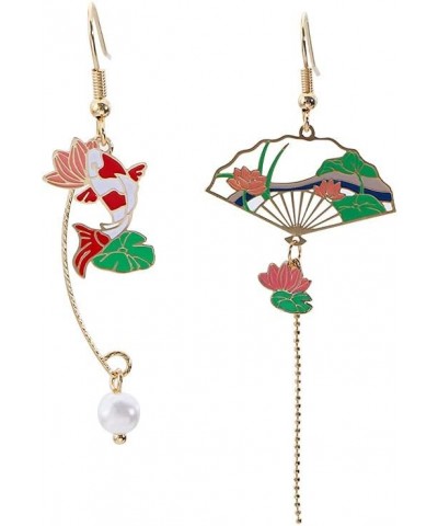 Earrings Chinese Elements Hollow Fan Chain Tassel Pearl Pendant Lotus Leaf Cherry Blossoms Cloud Long Drop Earrings for Women...