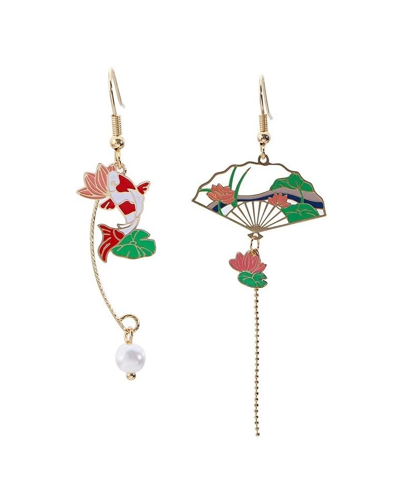 Earrings Chinese Elements Hollow Fan Chain Tassel Pearl Pendant Lotus Leaf Cherry Blossoms Cloud Long Drop Earrings for Women...