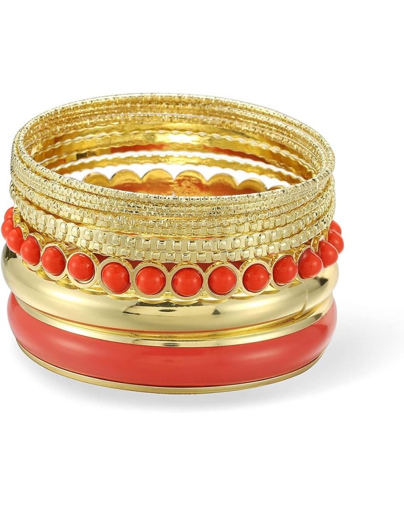 Mixed Multi Metal Bangles Bracelets Set Fashion Jewelry for Women 11Pcs/Set Gold/Coral red $8.79 Bracelets