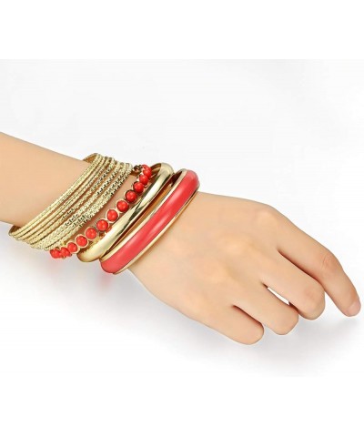 Mixed Multi Metal Bangles Bracelets Set Fashion Jewelry for Women 11Pcs/Set Gold/Coral red $8.79 Bracelets