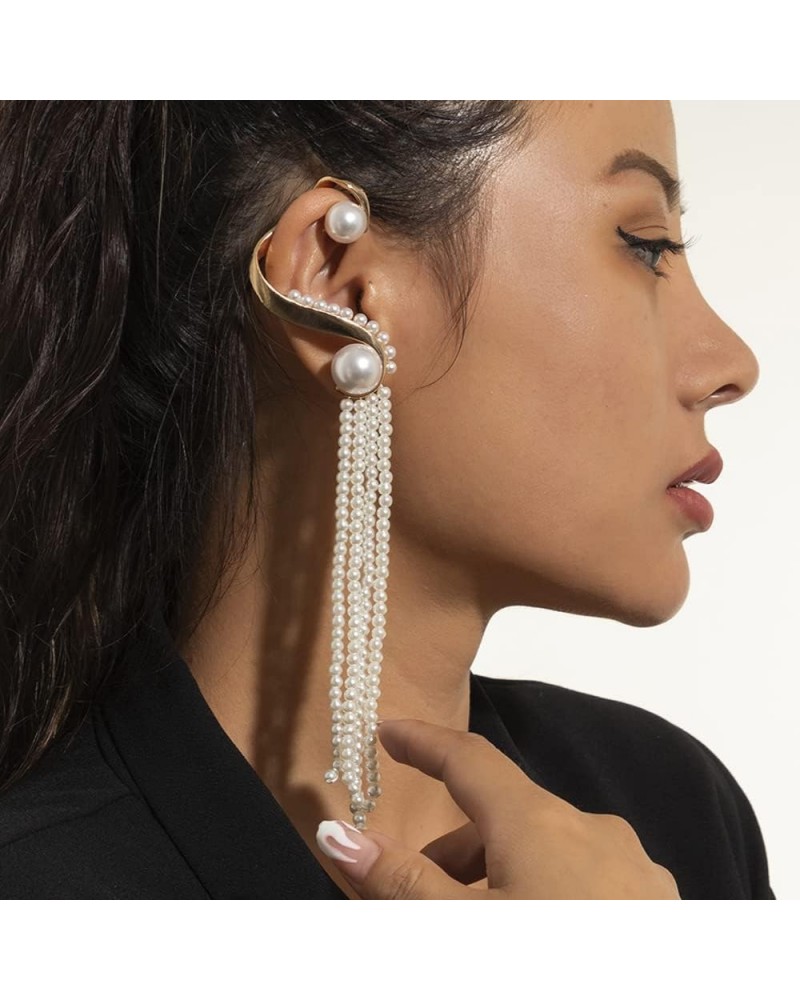 Pearl Long Tassel Drop Earrings Fashion Long Pearl Chain Earrings Large Pearl Ear Cuffs Ear Clip Gold for Women Girls $7.37 E...