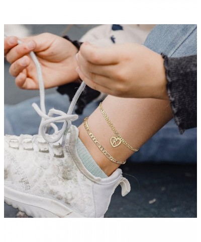 Initial Ankle Bracelets for Women 2pcs 18K Gold Plated Handmade Dainty Layered Anklet Letter Initial Heart Ankle Figaro Chain...