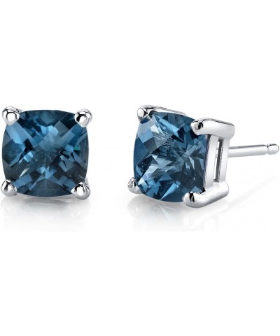 14K White Gold London Blue Topaz Earrings for Women, Genuine Gemstone Birthstone, Cushion Cut 6mm, 2.25 Carats total, Frictio...