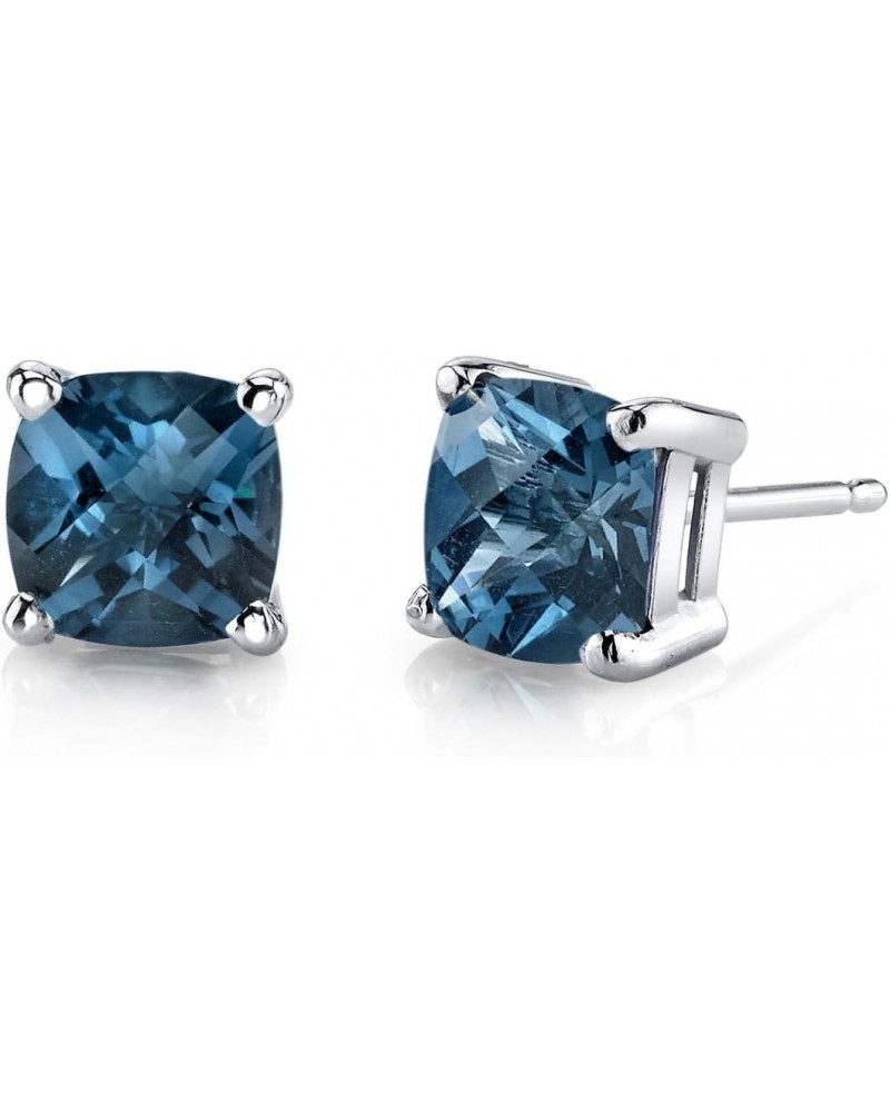 14K White Gold London Blue Topaz Earrings for Women, Genuine Gemstone Birthstone, Cushion Cut 6mm, 2.25 Carats total, Frictio...