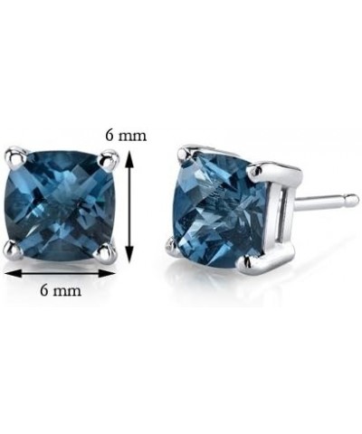 14K White Gold London Blue Topaz Earrings for Women, Genuine Gemstone Birthstone, Cushion Cut 6mm, 2.25 Carats total, Frictio...