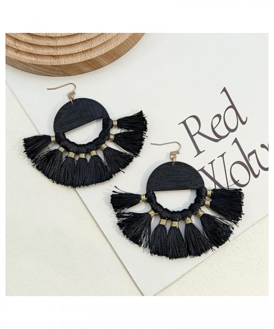 Bohemian Large Circle Wooden Tassel Dangle Earrings with Cotton Thread Fringe Drop Statement Jewelry for Women… Black $9.00 E...