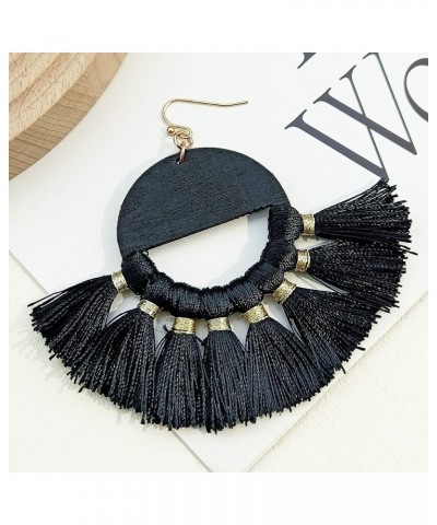 Bohemian Large Circle Wooden Tassel Dangle Earrings with Cotton Thread Fringe Drop Statement Jewelry for Women… Black $9.00 E...