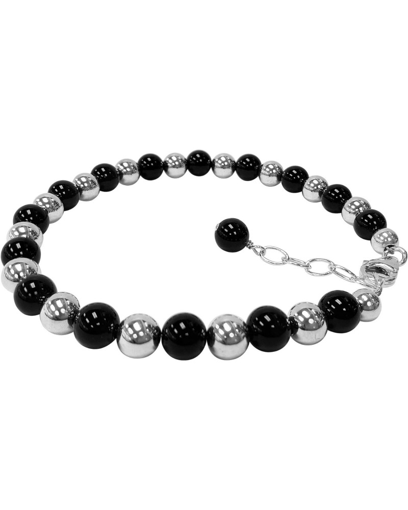 Round Black Onyx and Beads 7 to 9 inch Adjustable 925 Sterling Silver Bracelet for Women $13.33 Bracelets