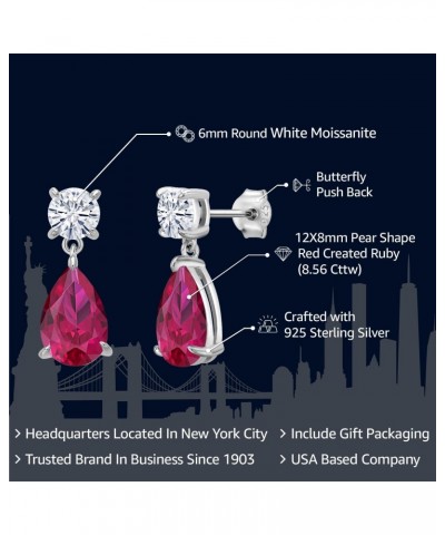 925 Sterling Silver Red Created Ruby and White Moissanite Teardrop Dangle Drop Earrings For Women (8.56 Cttw, Pear Shape 12X8...