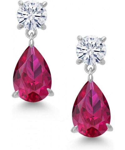 925 Sterling Silver Red Created Ruby and White Moissanite Teardrop Dangle Drop Earrings For Women (8.56 Cttw, Pear Shape 12X8...