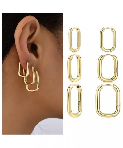 3 Pairs Square Hoop Earrings Set, 14K Gold Plated Lightweight Chunky Hoop Earrings, Rectangle Earring for Women Gift Gold Squ...